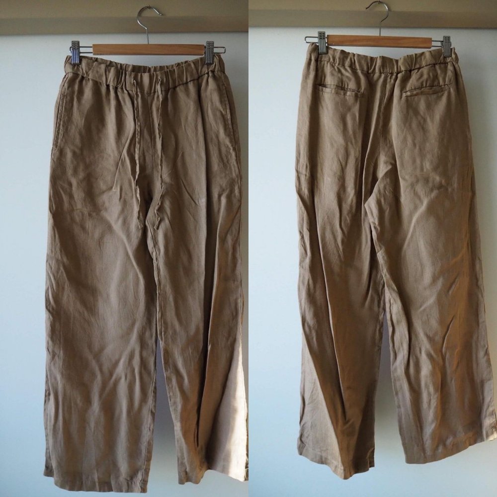 MUJI tan linen wide leg pants
